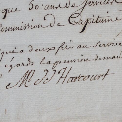 États de service d'Hellouin de Menibus certifiés par le maréchal d'Harcourt
