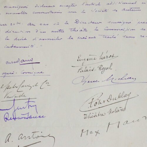 Belle pièce signée par douze directeurs de fameux théâtres parisiens