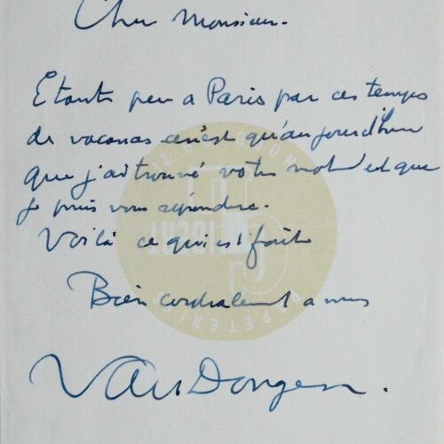 Billet autographe signé de Kees Van Dongen – vue 2