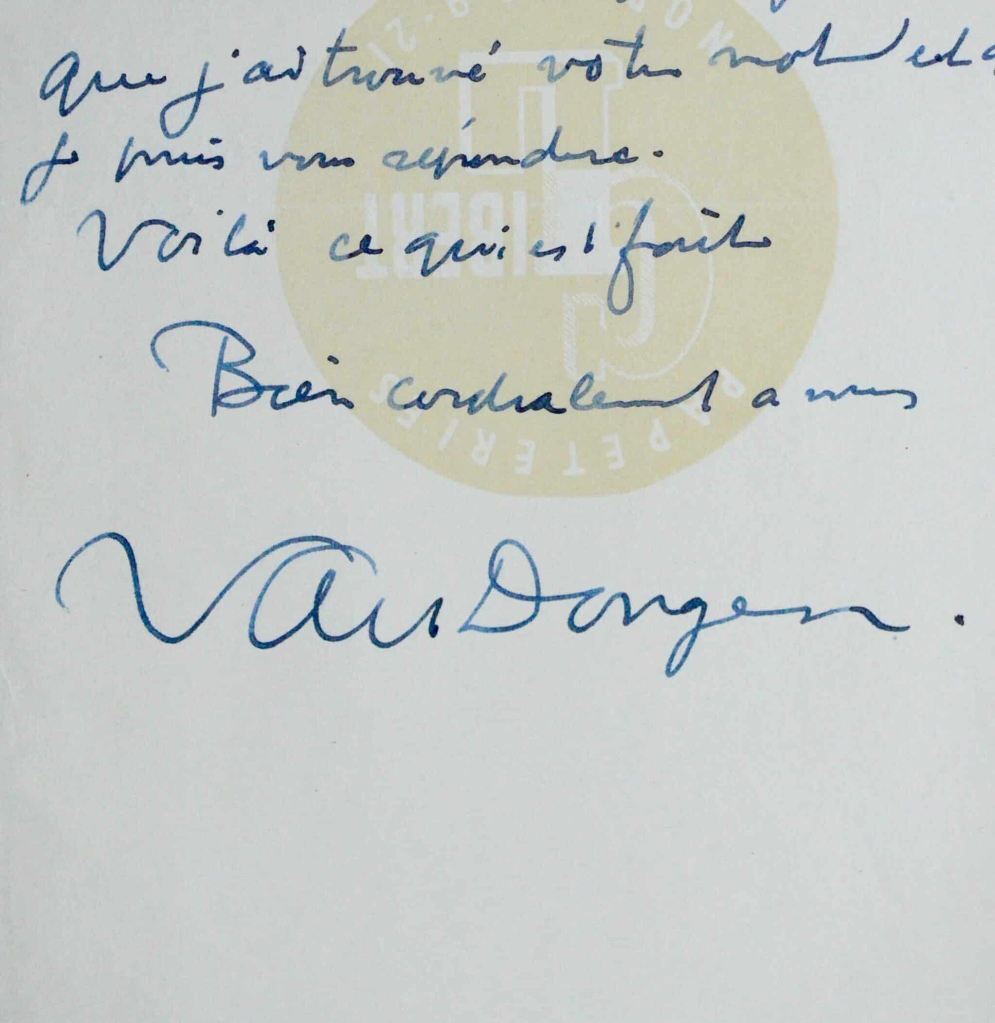 Billet autographe signé de Kees Van Dongen