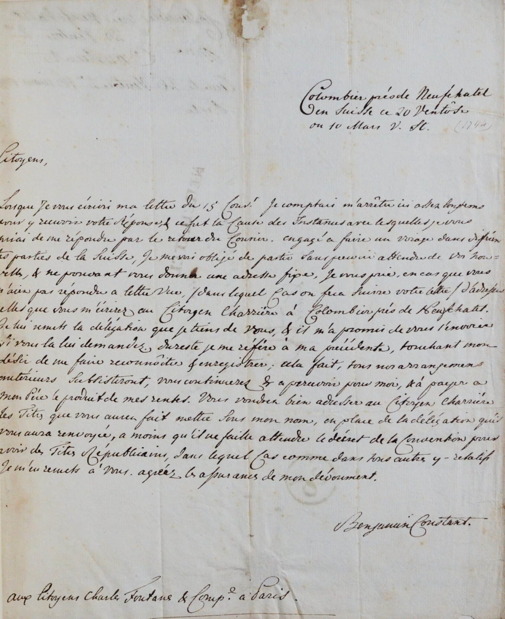 Correspondance de 21 lettres de Benjamin Constant, dans une reliure d’Yseux, succr. de Simier