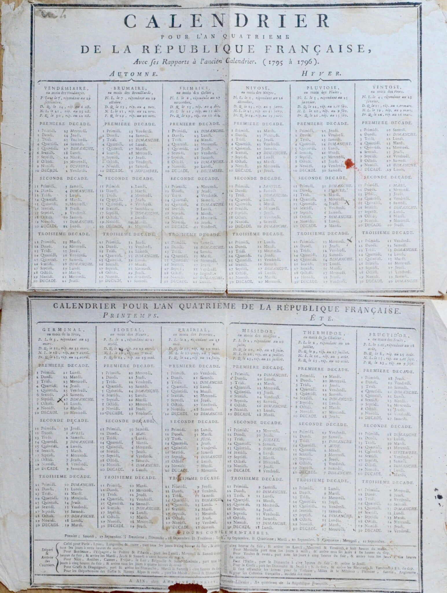 Affiche du calendrier républicain de l'an IV, avec correspondance grégorienne – vue 2 Affiche du calendrier républicain de l'an IV, avec correspondance grégorienne – vue 2
