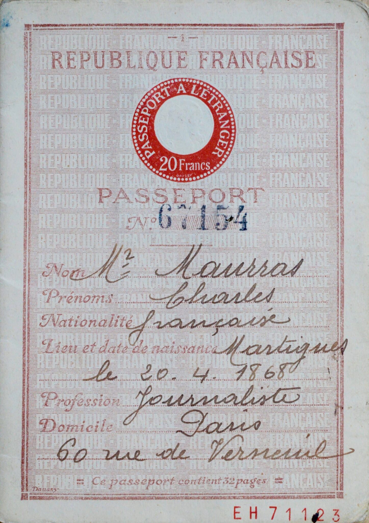Passeport de Charles Maurras, pour les années 1937 à 1943