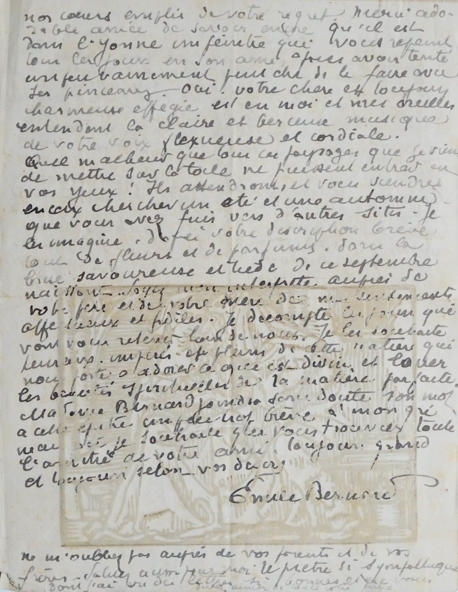 Lettre d'Émile Bernard illustrée d'une magnifique gravure originale – vue 3 Lettre d'Émile Bernard illustrée d'une magnifique gravure originale – vue 3