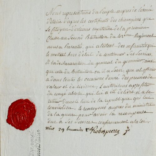 Augustin de Robespierre accorde un congé à un capitaine de l'armée d'Italie – vue 2