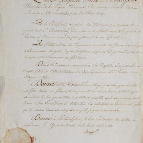 Certificat signé par Félix de Beaujour et Turreau de Lignères, à Philadelphie – vue 2