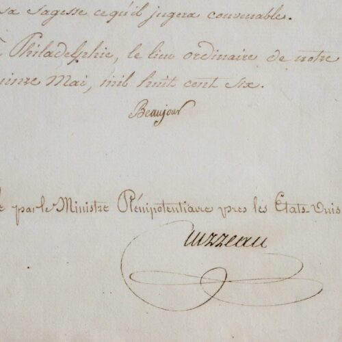 Certificat signé par Félix de Beaujour et Turreau de Lignères, à Philadelphie