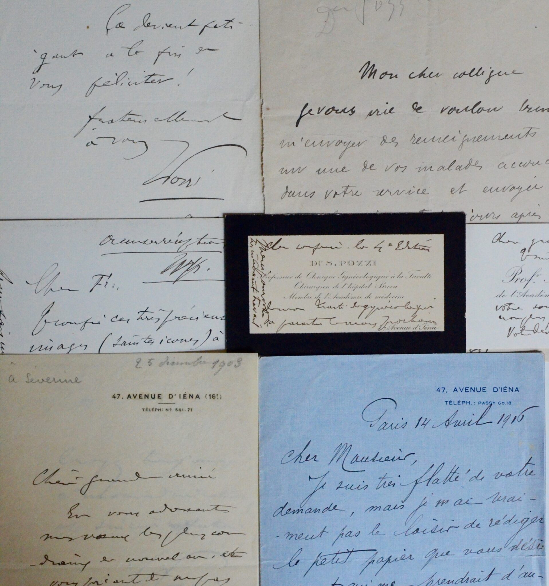 Ensemble de 7 lettres et cartes du chirurgien assassiné Samuel Pozzi