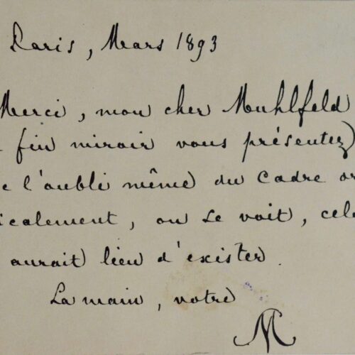 Délicieuse carte de Mallarmé à son ami Lucien Muhlfeld après la publication de Vers et prose – vue 2