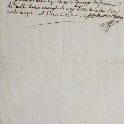 Reçu autographe signé de la marquise Louise d'Epinay, protectrice de Rousseau – vue 2