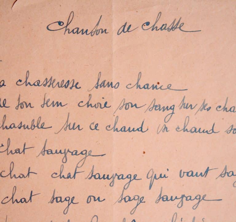 Manuscrit du célèbre poème surréaliste de Robert Desnos « Chanson de chasse »