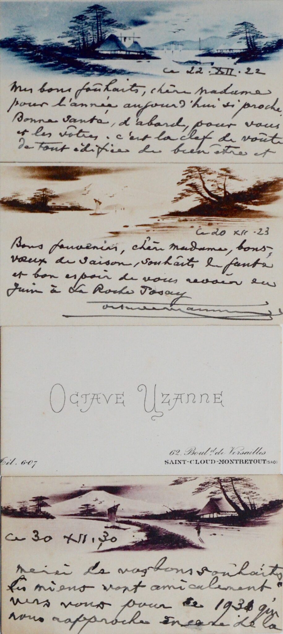 Sur 3 cartes illustrées, Octave Uzanne évoque l'approche de la mort – vue 2 Sur 3 cartes illustrées, Octave Uzanne évoque l'approche de la mort – vue 2