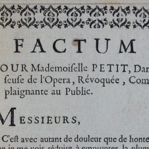 Rare brochure imprimée du XVIIIe relative à la danseuse de l'Opéra, Melle Petit