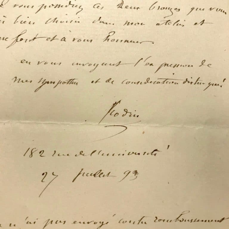 Belle lettre d&rsquo;Auguste Rodin sur son bronze d&rsquo;Ève