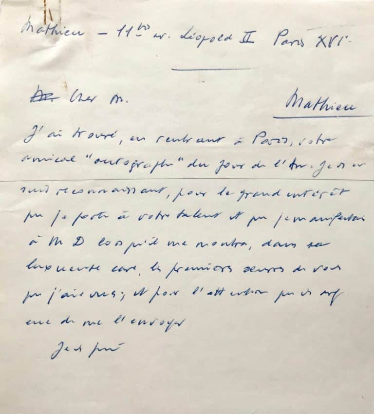 Lettre de Georges Mathieu à Malraux + brouillon de Malraux à Mathieu