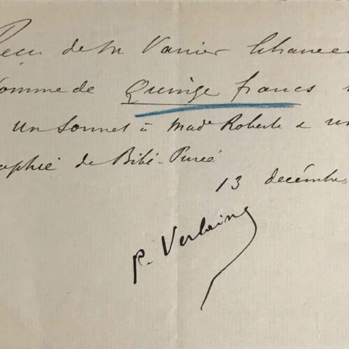 Reçu de Verlaine à Vanier pour le sonnet à Melle Roberte & une biographie Salis – vue 2
