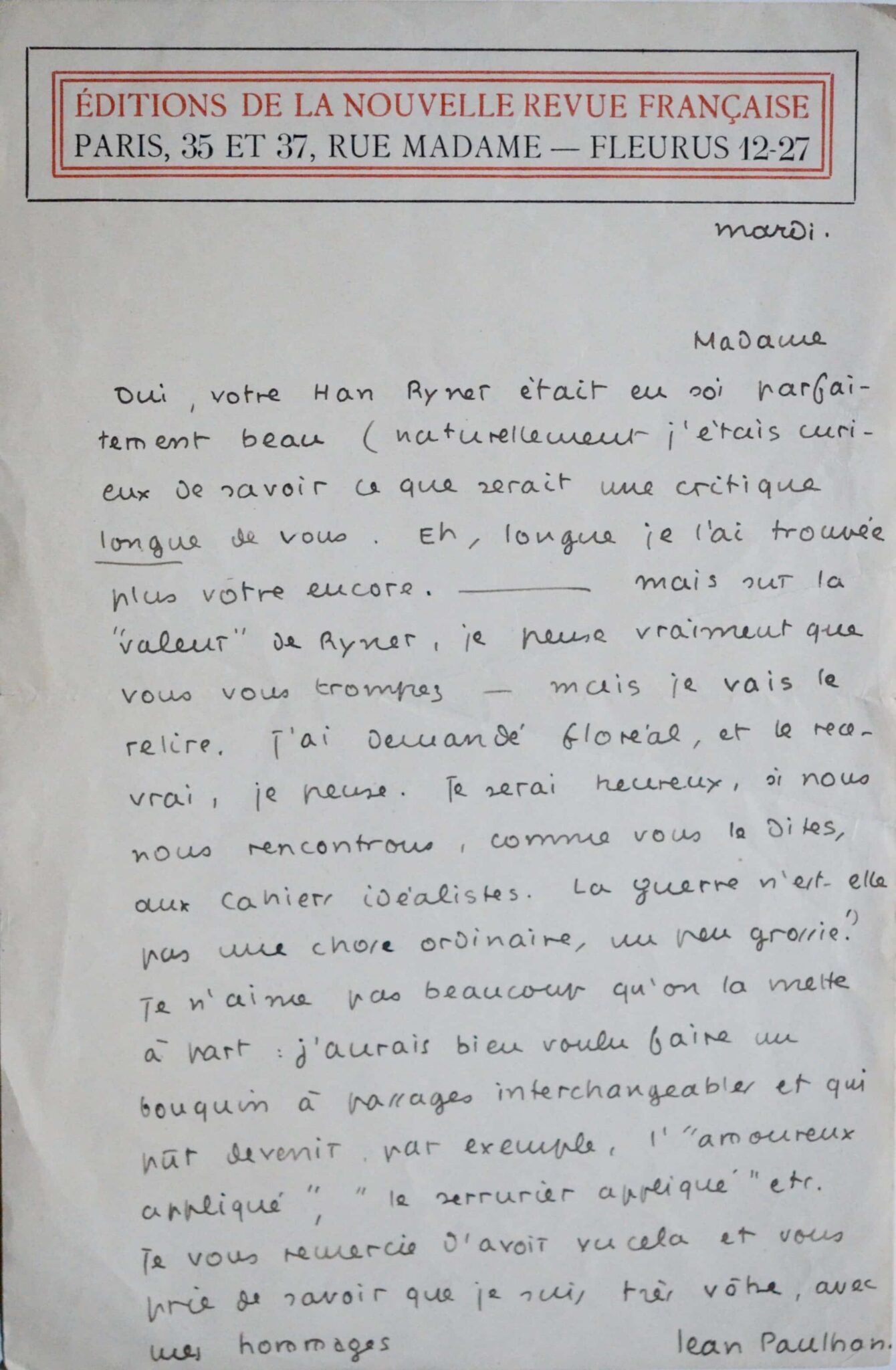 2 lettres de Jean Paulhan à Renée Dunan évoquant Han Ryner et Batouala de René Maran – vue 2 2 lettres de Jean Paulhan à Renée Dunan évoquant Han Ryner et Batouala de René Maran – vue 2