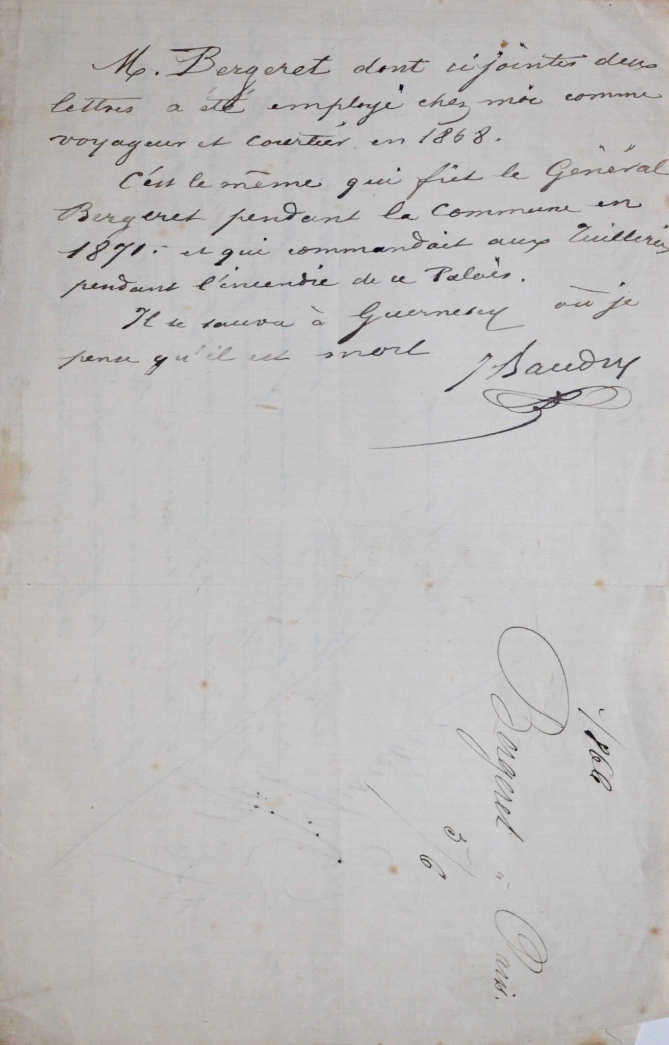 Lettre de Jules Bergeret, général de la Commune, au librairie Baudry – vue 2 Lettre de Jules Bergeret, général de la Commune, au librairie Baudry – vue 2