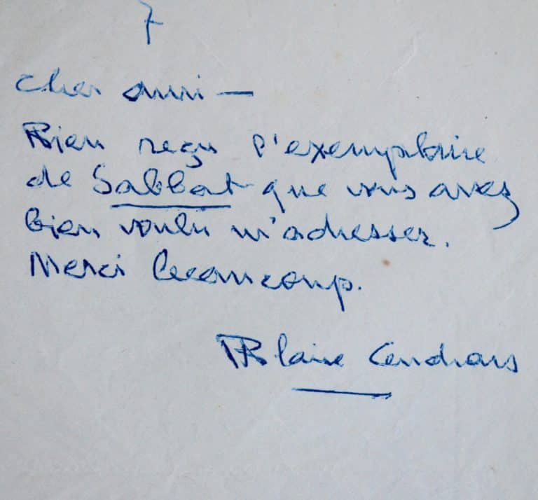 Blaise Cendrars reçoit un exemplaire de Sabbat, de Maurice Sachs