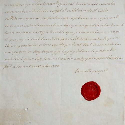 Certificat de La Motte-Picquet pour un capitaine du Terrible – vue 2
