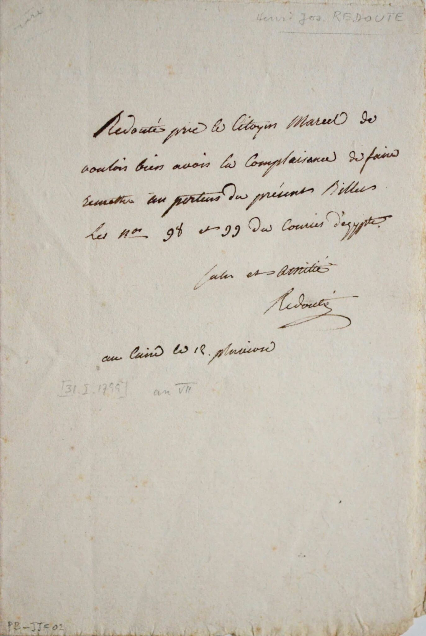 Rare billet du peintre Henri-Joseph Redouté pendant l'Expédition d'Egypte – vue 2 Rare billet du peintre Henri-Joseph Redouté pendant l'Expédition d'Egypte – vue 2