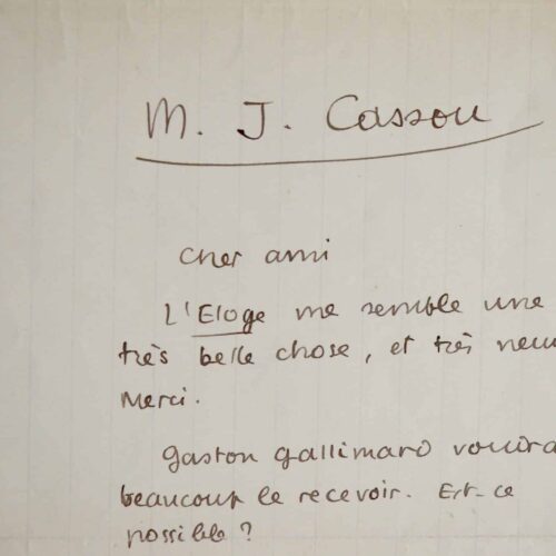 Jean Paulhan félicite Jean Cassou pour son Éloge de la Folie