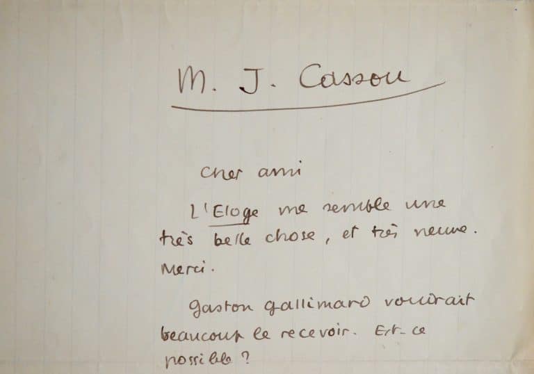 Jean Paulhan félicite Jean Cassou pour son Éloge de la Folie
