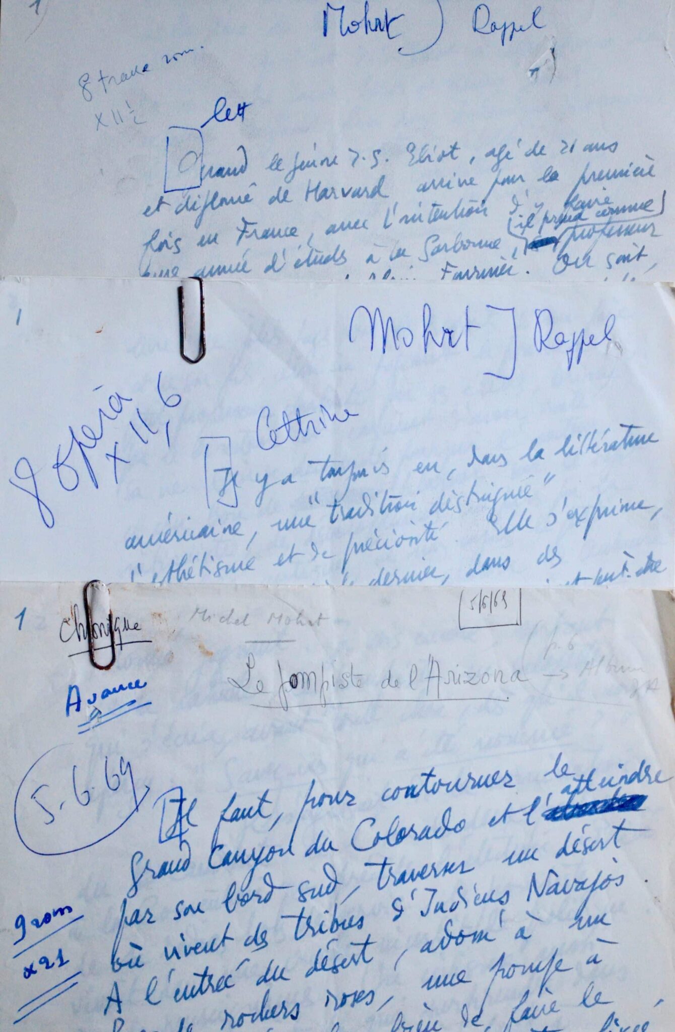 3 manuscrits de Michel Mohrt sur l’Amérique, la littérature américaine…