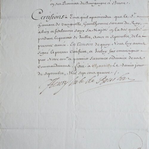 Certificat du prince de Condé à un gentilhomme servant du Roi – vue 2
