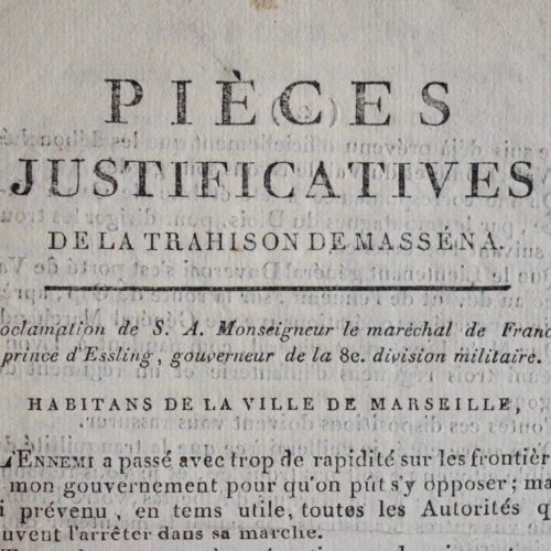 Imprimé des "Pièces justificatives de la trahison de Masséna"