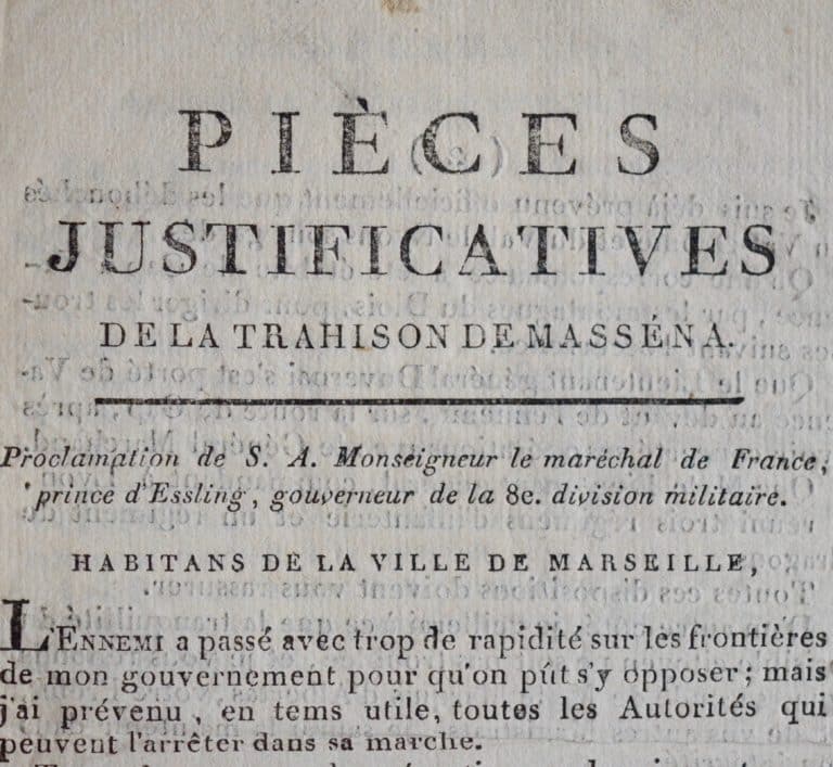 Imprimé des « Pièces justificatives de la trahison de Masséna »