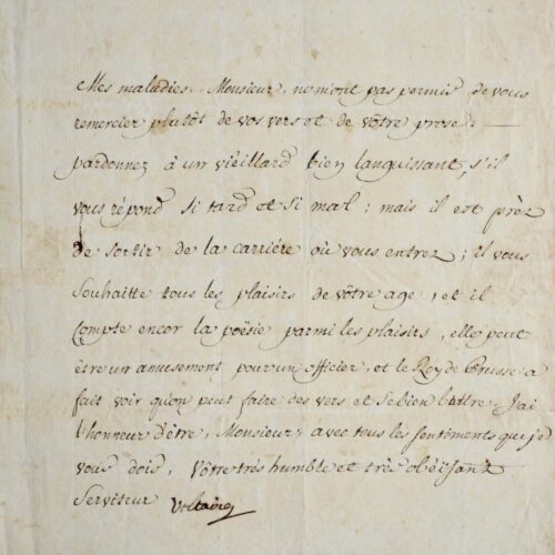 Belle lettre de Voltaire louant les vers de Frédéric II – vue 2