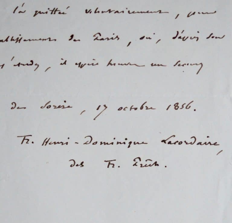 Certificat du père Lacordaire pour le guadeloupéen L&rsquo;Herminier