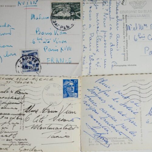 Ensemble de 4 cartes postales adressées à Boris Vian et Ursula Kübler
