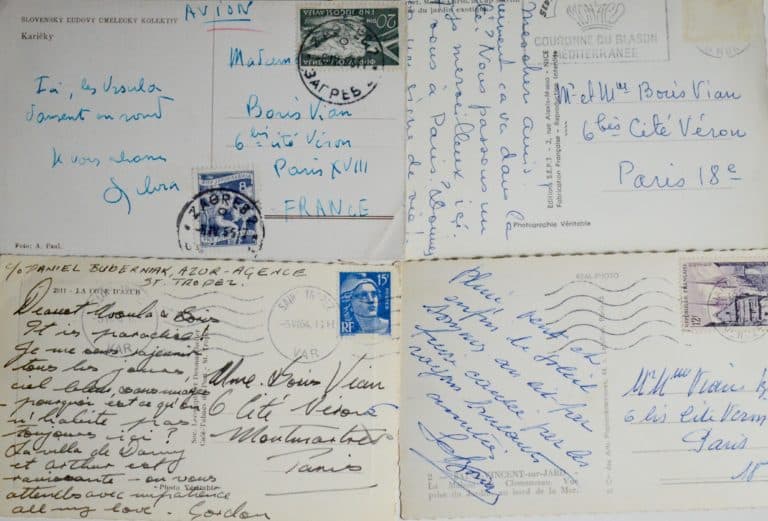 Ensemble de 4 cartes postales adressées à Boris Vian et Ursula Kübler