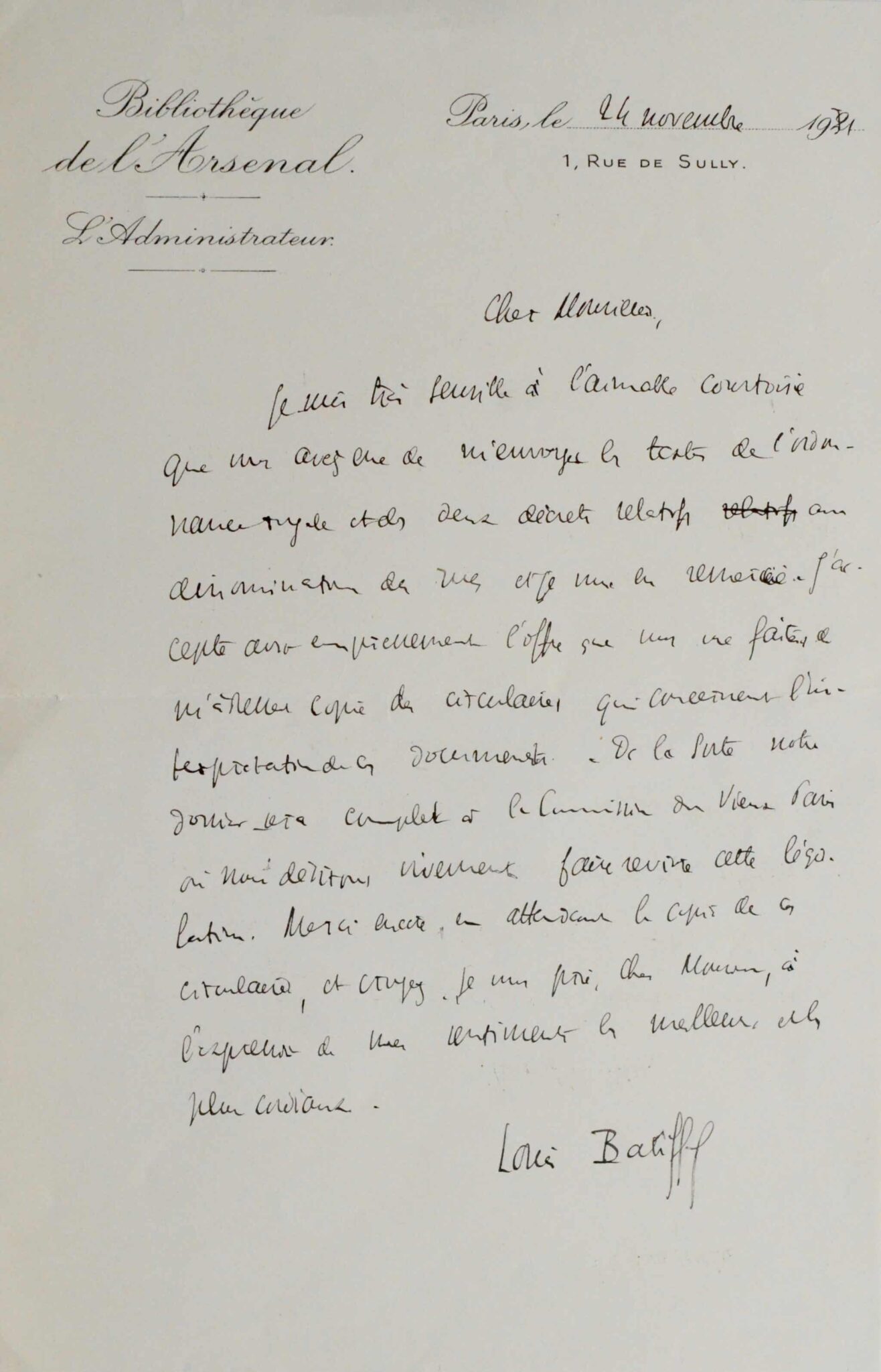 Lettre de l'administrateur de la Bibliothèque de l'Arsenal, Louis Batiffol – vue 2 Lettre de l'administrateur de la Bibliothèque de l'Arsenal, Louis Batiffol – vue 2