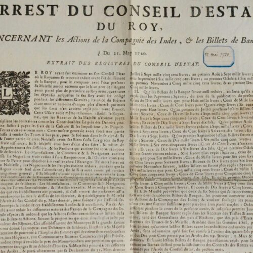 Affiche du 21 mai 1720 concernant les actions de la Compagnie des Indes et la banque de Law