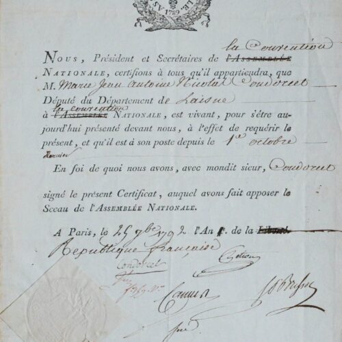 Rare certificat de vie délivré à Condorcet, par Pétion, Brissot, Camus et Condorcet lui-même – vue 2