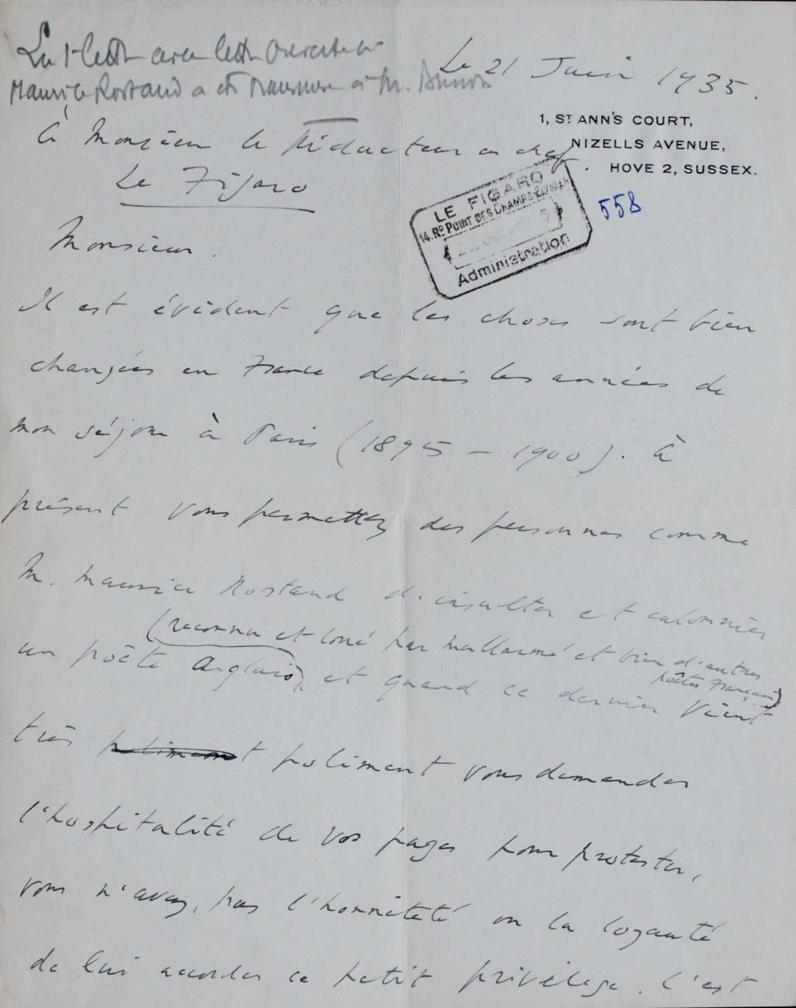 Lord Alfred Douglas défend son honneur face aux calomnies de Maurice Rostand – vue 2 Lord Alfred Douglas défend son honneur face aux calomnies de Maurice Rostand – vue 2