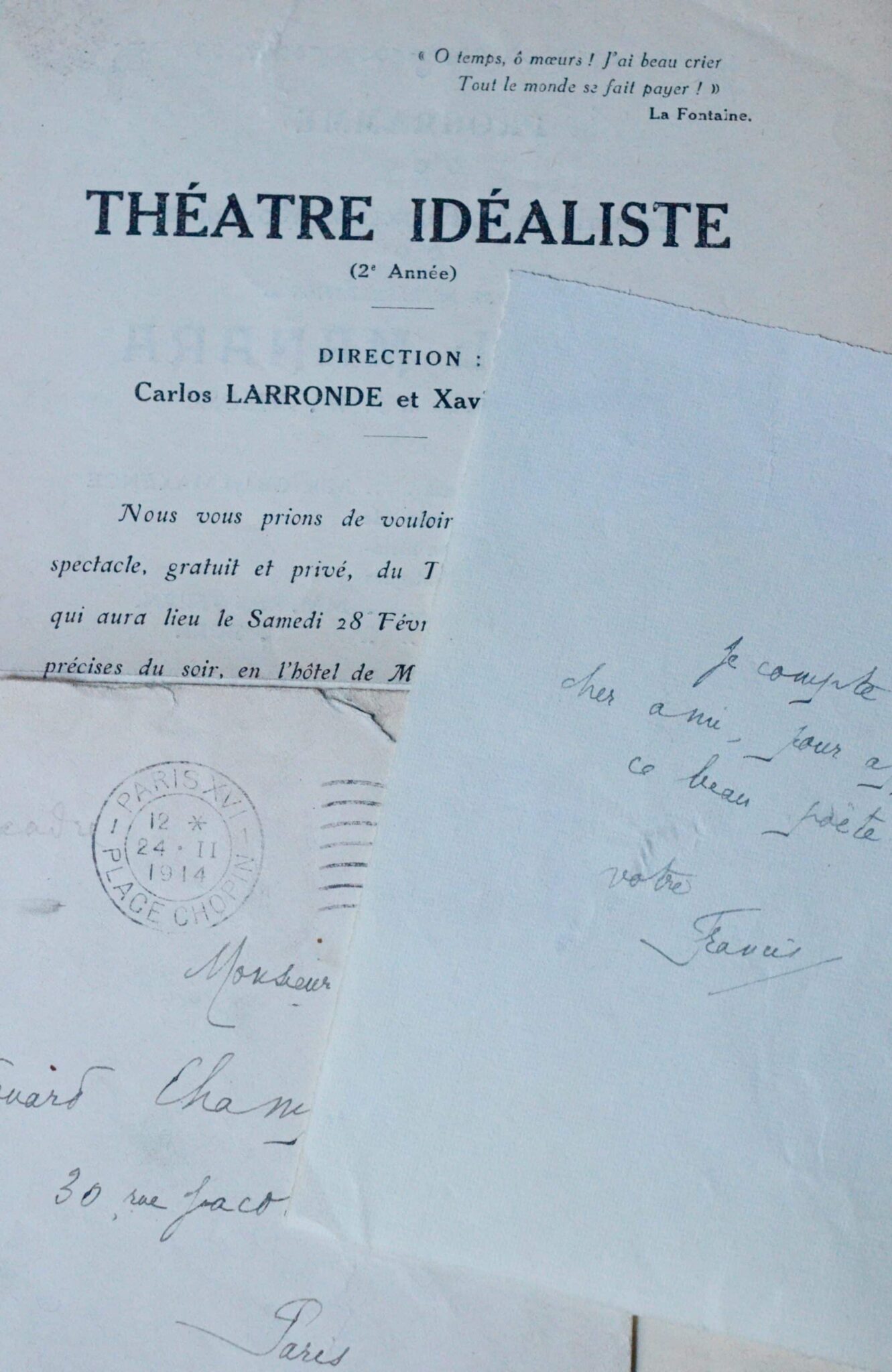 Francis de Miomandre invite Edouard Champion à la première de Miguel Manara, de Milosz – vue 3 Francis de Miomandre invite Edouard Champion à la première de Miguel Manara, de Milosz – vue 3
