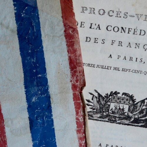 Procès-verbal de la confédération des François avec rare papier peint révolutionnaire bleu blanc rouge