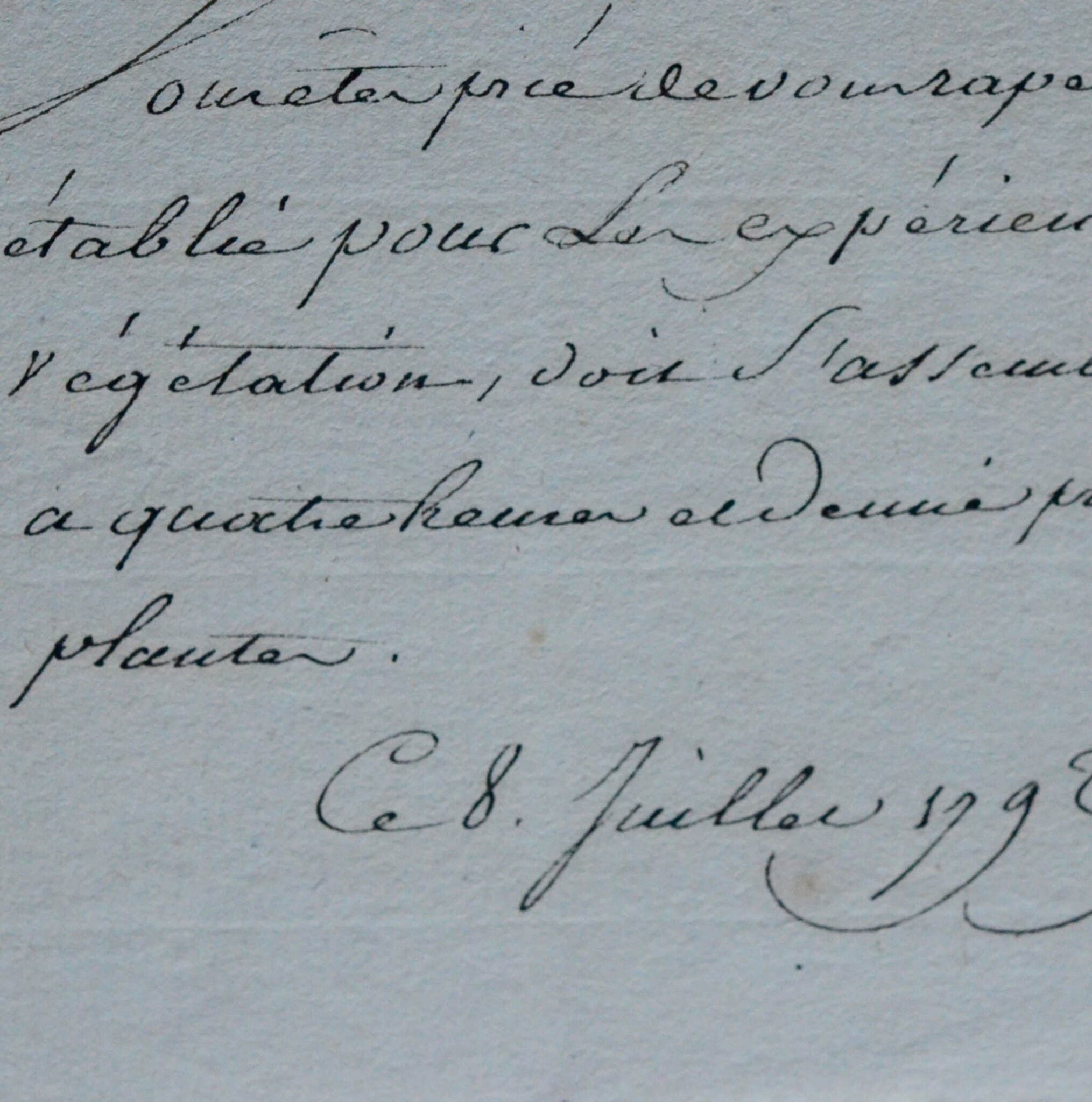 Lavoisier rappelle à Thouin la date des expériences sur la végétation, au Jardin des plantes