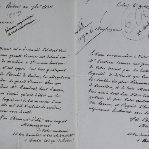 Ensemble de deux lettres de l'évêque de Rodez, Charles de Ramond-Lalande