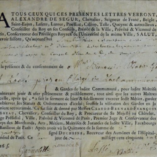 1759 : rare certificat de maître distillateur marchand d'eau de vie et de liqueurs