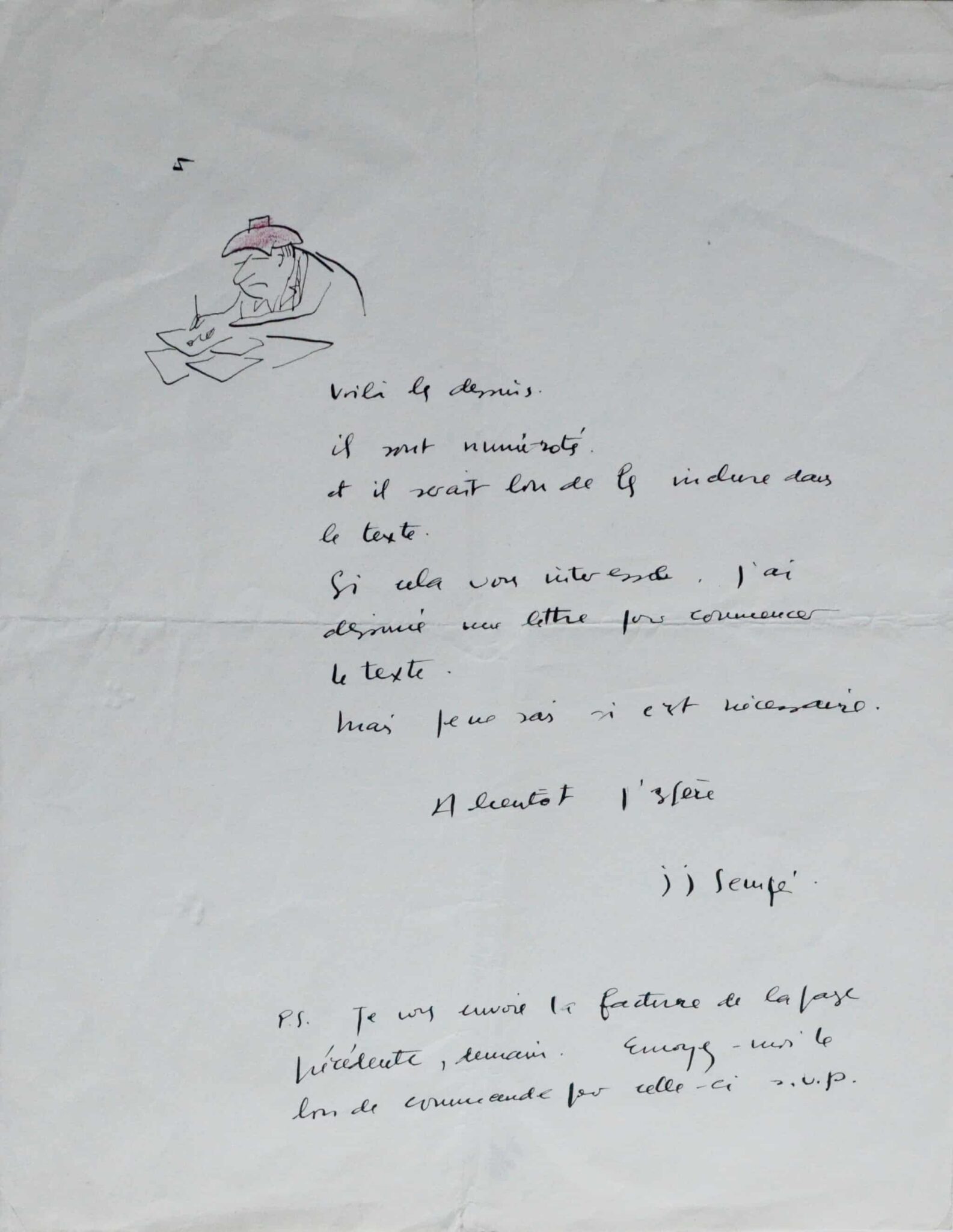 Belle lettre de Sempé illustrée d'un autoportrait – vue 4 Belle lettre de Sempé illustrée d'un autoportrait – vue 4