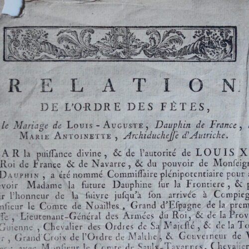 Rarissime imprimé de mai 1770, relatif au mariage de Marie-Antoinette