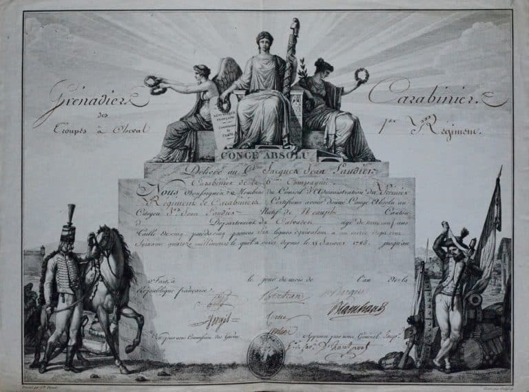 Magnifique diplôme révolutionnaire gravé à partir du dessin de Carle Vernet, signé par le général d&rsquo;Hautpoul