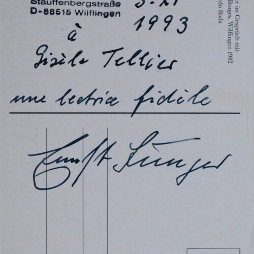 Sur une carte le représentant avec Jorge Luis Borges, Ernst Jünger adresse quelques mots à une lectrice fidèle