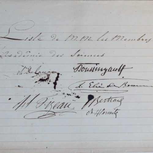 Stuk gesigneerd door Boussingault, Fizeau, Élie de Beaumont, Delaunay, Bertrand en Hermite.