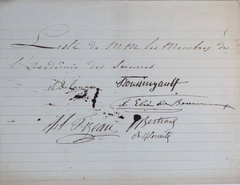 Pièce signée par Boussingault, Fizeau, Élie de Beaumont, Delaunay, Bertrand et Hermite.